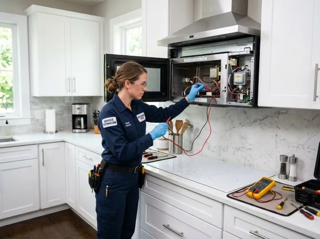 Appliance Repair Hero technician testing an over-the-range microwave in a Bradley, IL kitchen